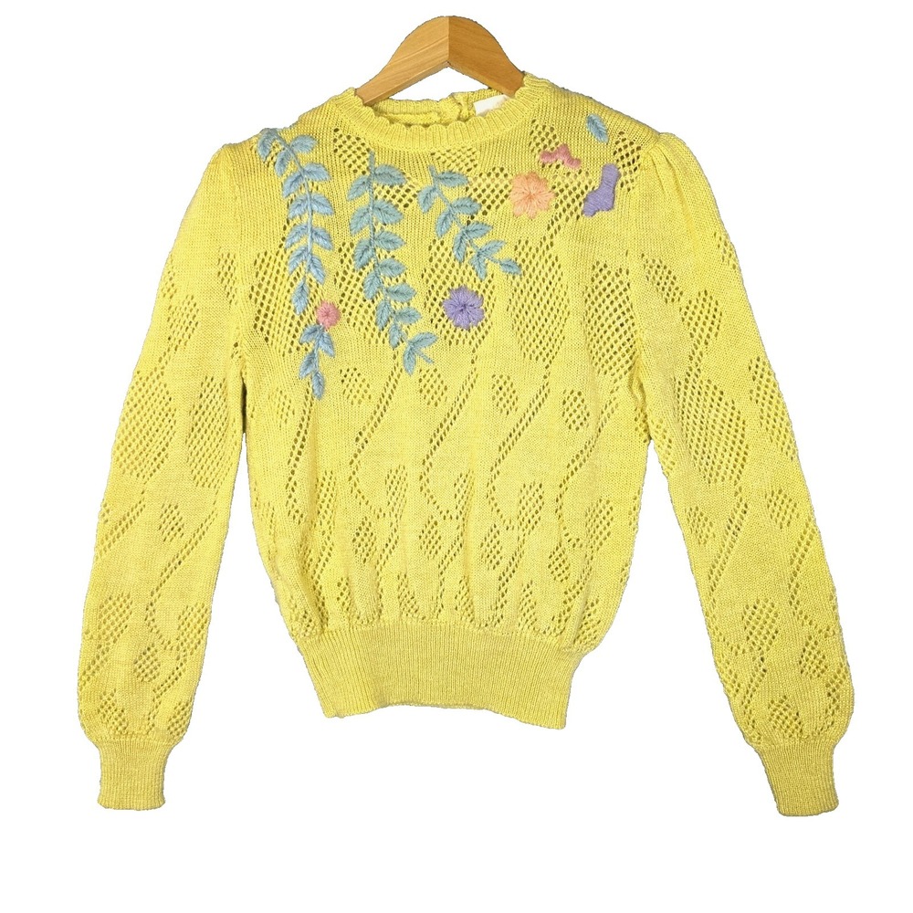 VTG 1970s Michael Milea Embroidered Knit Sweater Cottage Pointelle Puff Sleeve S